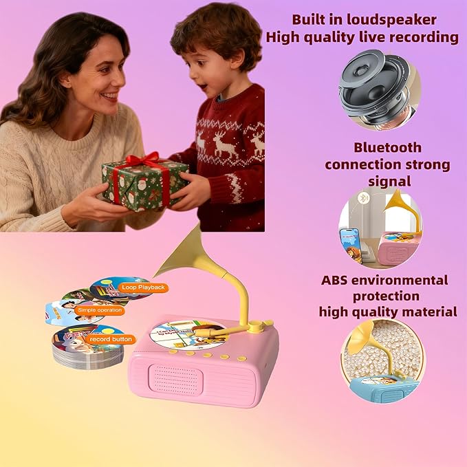 2026 New Kids Phonograph with 96 Audio Cards + 8 DIY Recordable Cards - Toddler Gramophone Record Player - Early Education Phonograph Story Machine-Bedtime Story Music Player (Pink)