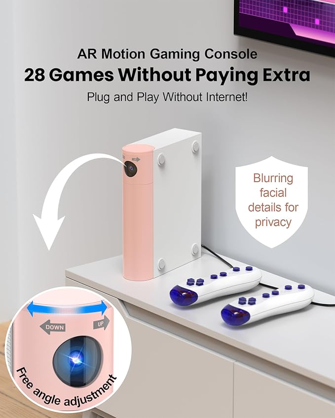 AR Motion Gaming Console: 28 Interactive Games Motion Sensor 2-Player Wireless Controllers & TV Hookup – Ultimate Family Entertainment System for Kids & Adults (Light Pink)