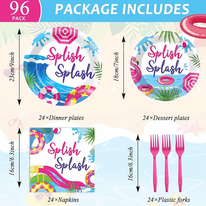 CHUNNIN 96Pcs Pink Splish Splash Plates and Napkins Summer Pool Birthday Party Decorations Splish Splash Bash Dessert Plates Summer Beach Tableware for 24 Guests Girls Hawaiian Party Supplies