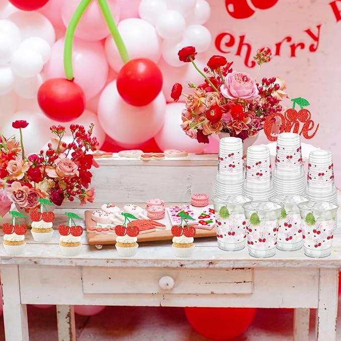 50Pcs Cherry Bow Cups, 12oz Cherry Plastic Cups for Birthday Party Supplies Wedding Bridal Engagement Drinkware Decoration