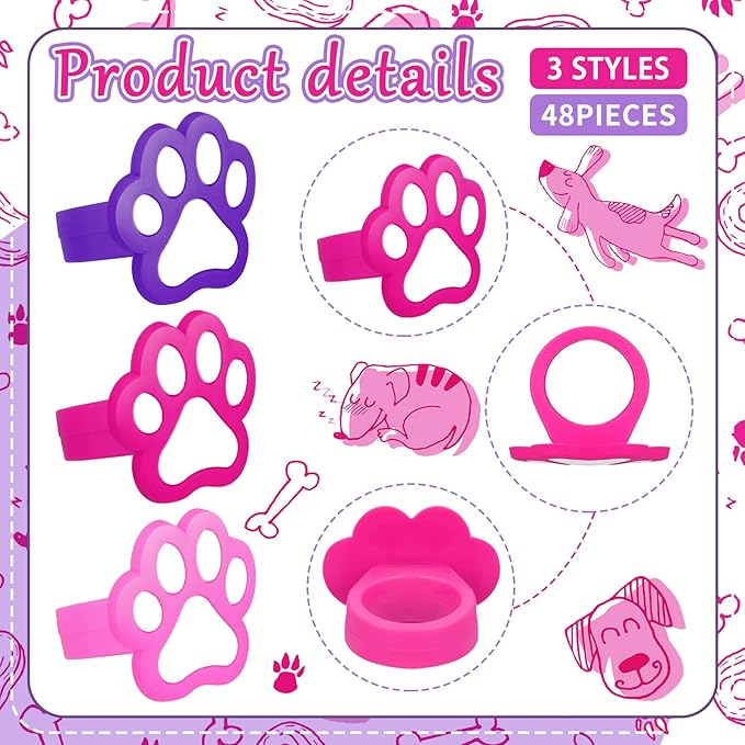 48 Pcs Paw Dog Cupcake Rings Toppers Decorations Orange Blue Red Yellow Paw Dog Theme Birthday Cupcake Rings Decorations for Puppy Baby Shower Party Supplies(Pink, Purple)