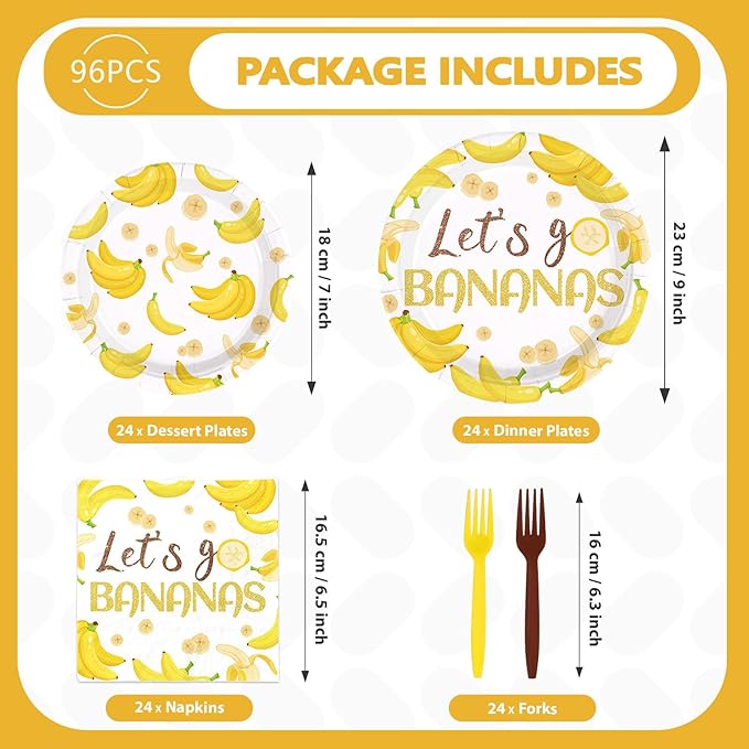 96PCS Yellow Banana Party Supplies Gold Glitter Fruit Plates And Napkins Let's Go Bananas Dessert Plates for Fruit Birthday Baby Shower Party Decorations Serves 24