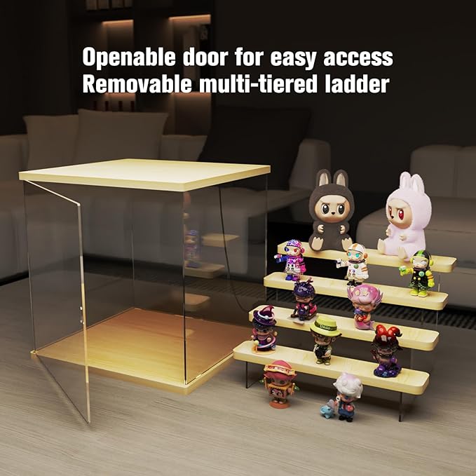 Nynelly Acrylic Lighted Display Case for Collectibles, 5 Tier Figure Display Box with Door and Steps, Assemble Dustproof LED Showcase Storage Box for Mini Figures, Funko Pop, Toys, Wood Color