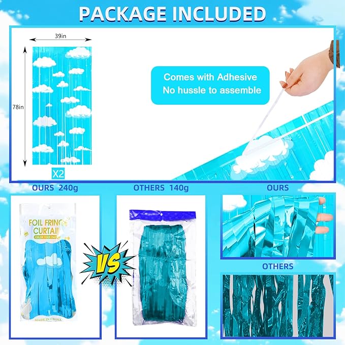 Cartoon Toy Inspired Story Birthday Party Decoration, 2 Pack Story Party Photo Booth Prop, Blue Sky White Cloud Fringe Curtains Tinsel Photo Streamers Backdrop for Cartoon Story Party Supplies