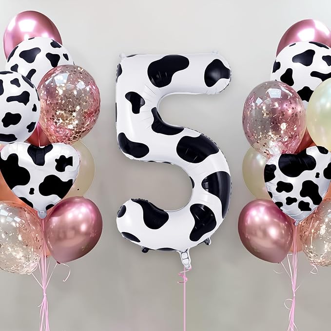 Cow Print Number 5 Balloon, Large 40 Inch Cow Number Birthday Balloons, Foil Mylar Number 5 Balloons for 5 Year Old Birthday Party Decorations Supplies Animal Farm Cowboy Cowgirl Themed Party