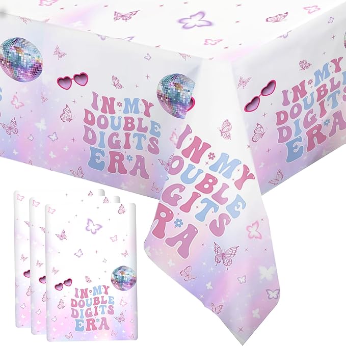 MEHOFOND 3 Pack 10th Birthday Tablecloth Decorations for Girls, in My Double Digits Birthday Plastic Disposable Table Cloth Purple Girl Music Disco Theme 10 Birthday Theme Table Cover Party Supplies