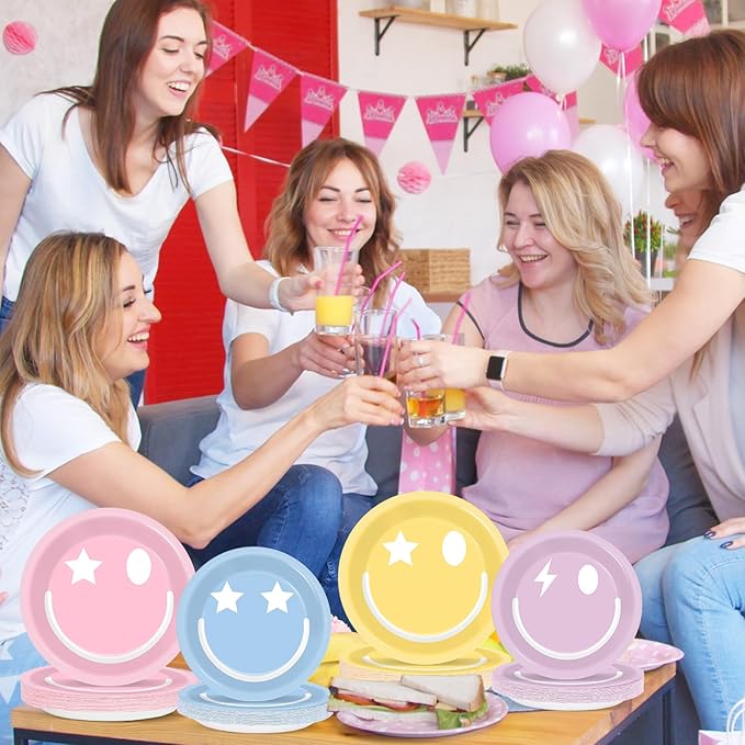 200Pcs Pastel Smile Face Party Decorations Paper Plates Napkin Preppy Smile Face Party Tableware Smile Face Dinnerware Set Supplies for Birthday Bachelorette Baby Shower Table Party Favors Serve 50