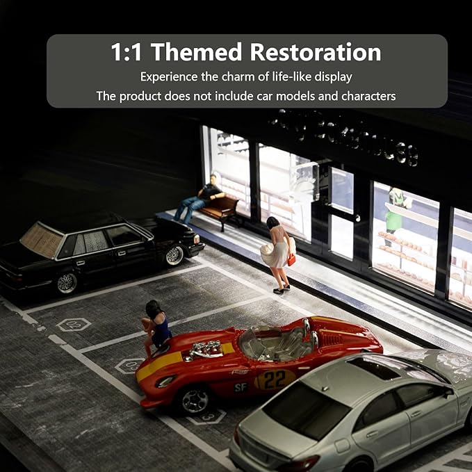 1/64 Model Car Display Shop Case for Adults, Premium in-House-Design Scale Diecast Parking Garage for Toy Cars, Toys Car Garage, Scenic Diorama Display Car Park with ith LED Lamps, Gifts for Men