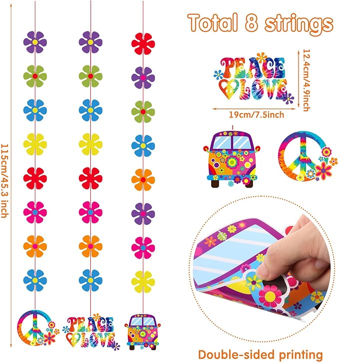 Duraaamo 8 Pcs 60's Hippie Paper Garland Kit Decoration Groovy Retro Flower Ceiling Hanging Banner Tie Dye Hanging Cutouts Groovy Hippie Party Supplies for 60s 70s Birthday Baby Shower Party Decor