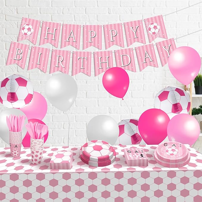 Zhehao 143 Pcs Pink Soccer Birthday Decorations Party Supplies Serves 24 Include Soccer Themed Plate Fork Napkin Cup Banner Balloon Tablecloth for Sports Theme Birthday Party Favor