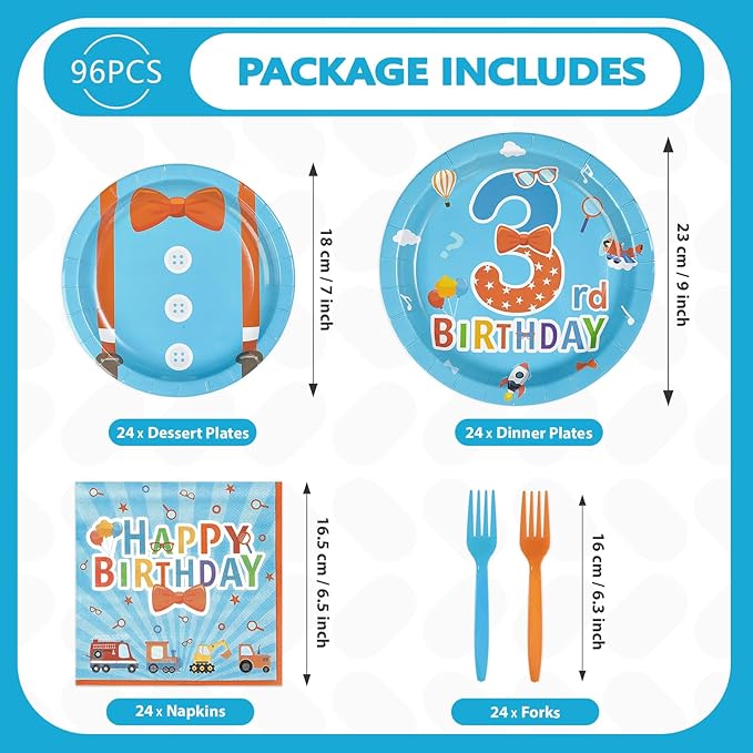 96Pcs Blue Orange 3rd Birthday Decorations Cartoon English Teacher Plates and Napkins Cartoon Theme Third Birthday Decorations Favors for Kids Three Years Old Back to School Party Supplies Serves 24