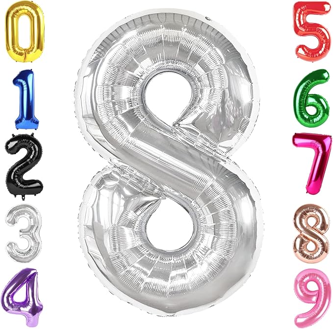 40 Inch Silver Number 8 Balloon, Giant 8 Number Balloons for 8th Birthday Decorations, Party Supplies for Baby Boy Girl, Silver Party Decor