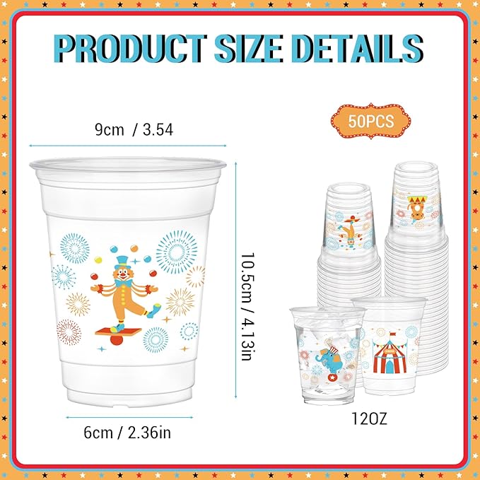 50Pcs Circus Cups, 12oz Circus Carnival Plastic Cups for Carnival Themed Party Favors Baby Shower Birthday Party Supplies Decorations
