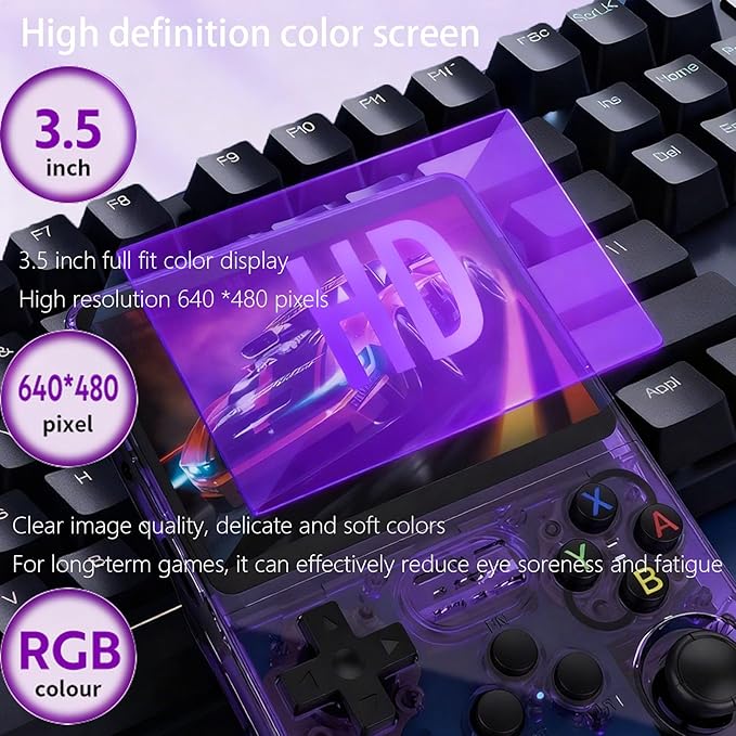 Retro Handheld Game Console R36S, 3.5-Inch HD IPS Screen 3200mAh Battery, 128G Built-in 20000+ Games 20+ Emulators, HDMI TV Output for Classic Game Play (Transparent Red +64G)