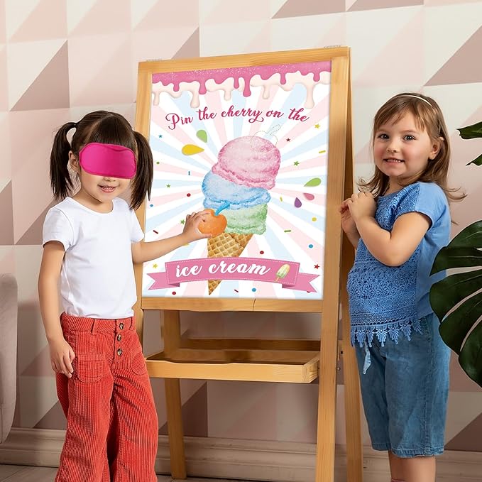 Hooqict Pin The Cherry On The Ice Cream Game Birthday Party Games for Kids Ice Cream Theme Party Decorations Supplies for Girls, Large Ice Cream Poster with 36 Cherry Stickers Wall Decor