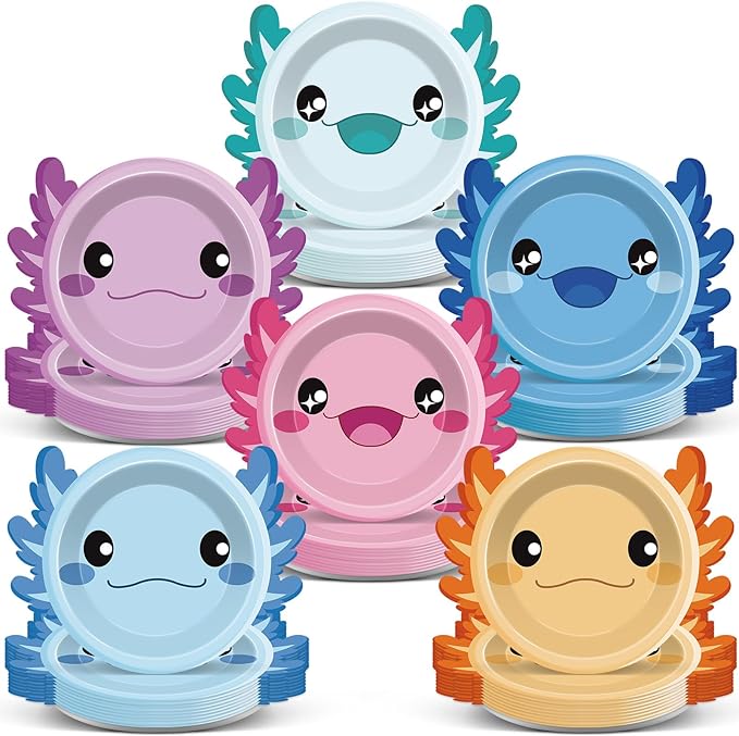 60Pcs Axolotl Shaped Birthday Party Decorations Reptile Animals 7 Inch Dessert Plates Tableware Cartoon Axolotl Dinner Paper Plates Dinnerware for Kids Boys Girls Party Baby Shower Supplies Favors
