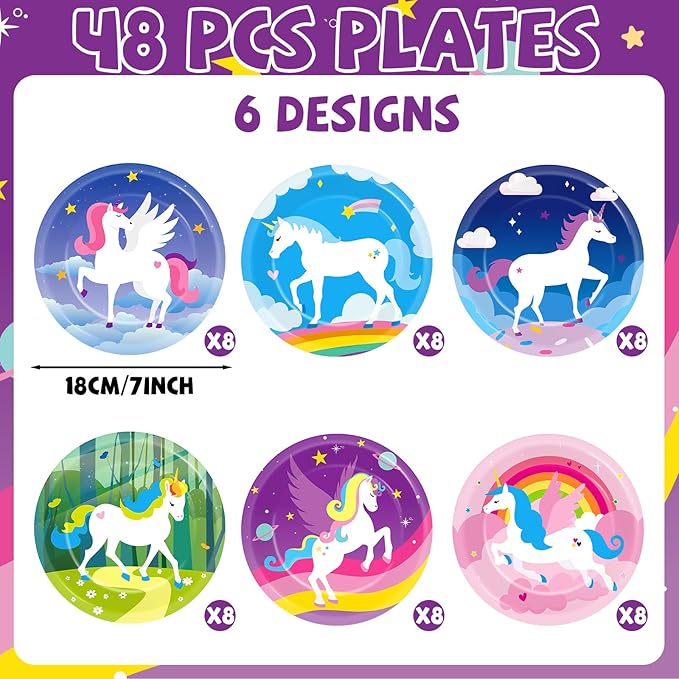 48Pcs Unicorn Birthday Party Supplies Unicorn Themed Paper Plates 7 Inch Tableware Colorful Rainbow Magical Horse Dessert Plates Party Decorations for Unicorns Parties Favors