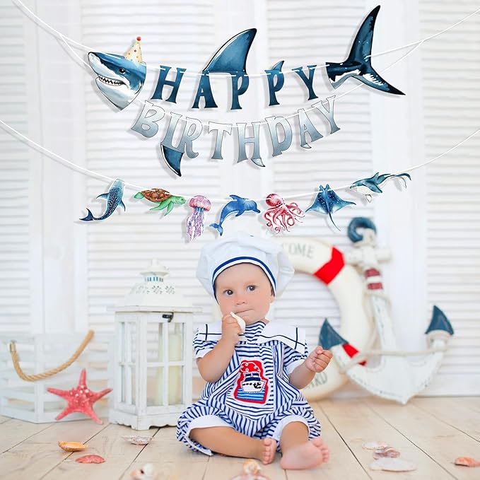Hooqict Ocean Birthday Party Decorations Shark Happy Birthday Banner Garland Sea Ocean Party Banner for Kids Boys Under The Sea Animal Themed Party Decorations