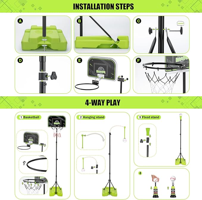 4 in 1 Kids Basketball Hoop and Tball Set for kids 3-5, Adjustable Height Toddler Basketball Hoop, Hanging Tee Baseball with Automatic Pitching Toddler Birthday Gift Outdoor Toys for 3-12 Years Old