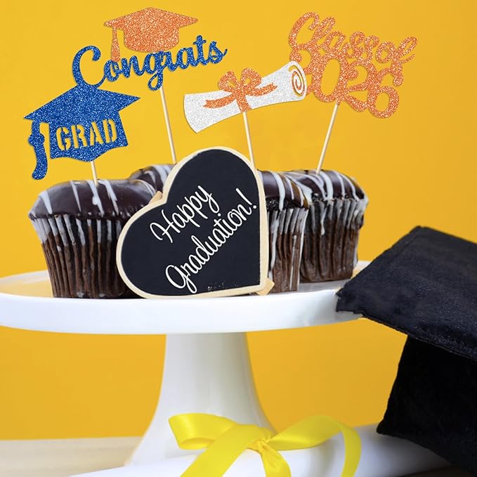 Blue and Orange Graduation Cupcake Toppers Decorations Class of 2026 Cupcake Topper Graduation Cup Cake Picks Congrats Grad Party Decor Supplies Set of 24