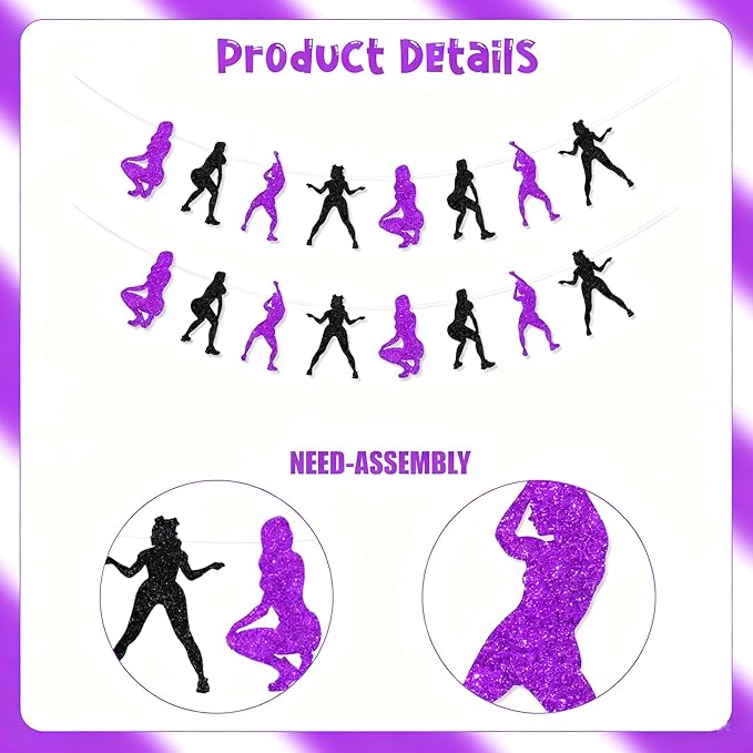 Cheereveal 2 Pack Twerk Garlands Purple and Black for Girls Woman, Pole Dance Glitter Banner Decorations, Funny Stripper Theme Bachelorette Birthday Bridal Shower Engagement Party Supplies