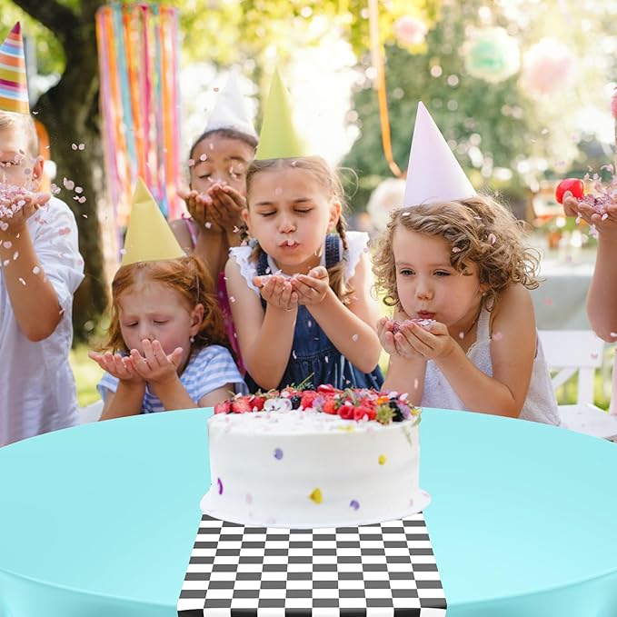 Oudain Cars Birthday Racing Decorations - Round Tablecloth, Checkered Flag Table Covers, Road Plastic Table Cloth, 1950s Disco Dancing Party Tablecloth (Blue,6 Pcs)