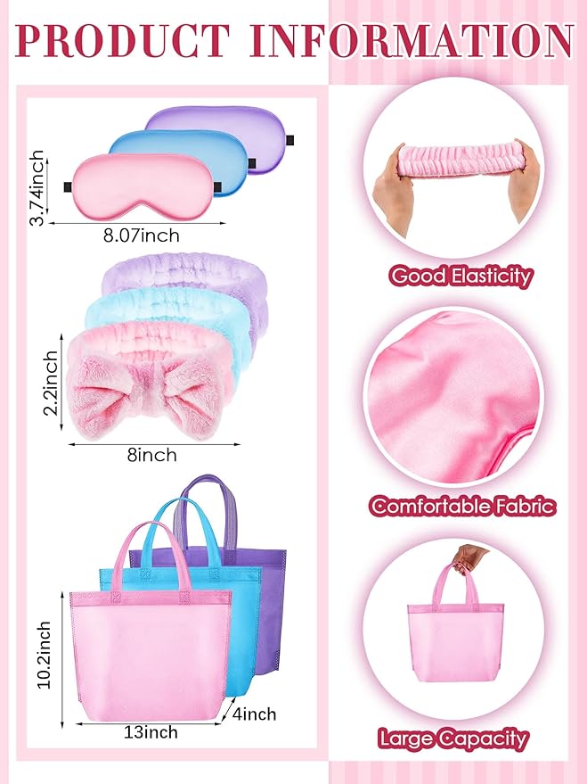 Sintuff 24 Pcs Sleepover Party Supplies for Girls 6 Spa Robes for Girls Slumber Party 6 Tote Bags 6 Headbands 6 Spa Masks