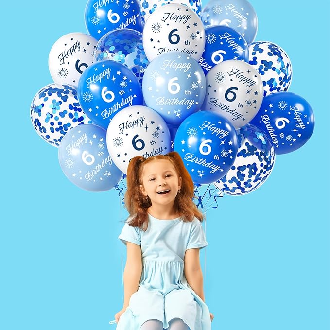 Blue 6th Birthday Balloons for Boys Girls 6th Birthday Party Decorations, 12inch 16pcs Blue White Happy 6th Birthday Balloons, Party Balloons Confetti Balloons for Boys Girls Theme Party Deocorations