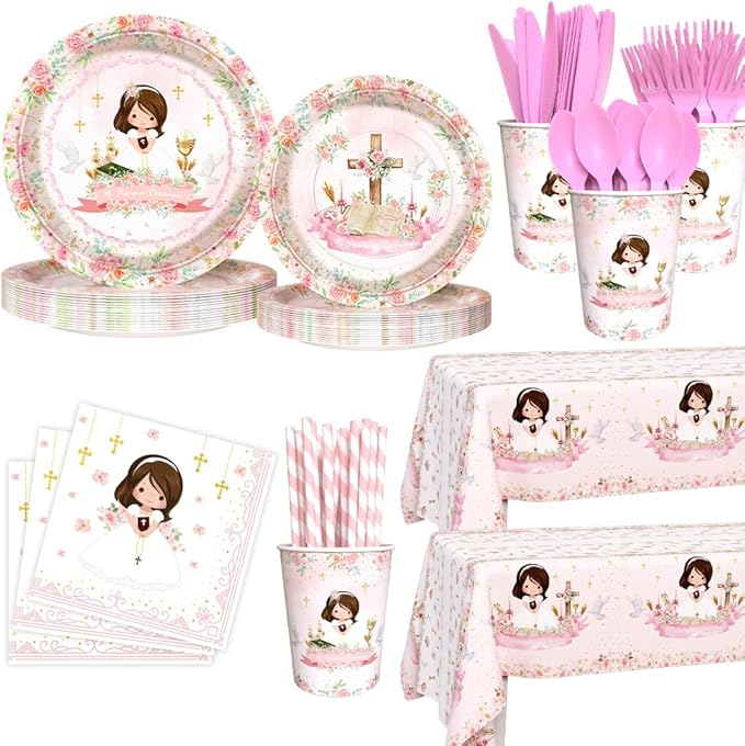 194 Pcs Pink Mi Primera Comunion Party Supplies Decorations for Girl Pink First Holy Communion Party Decorations Disposable Tableware Set with Plates Napkins and Tablecloth Serves 24 Guests