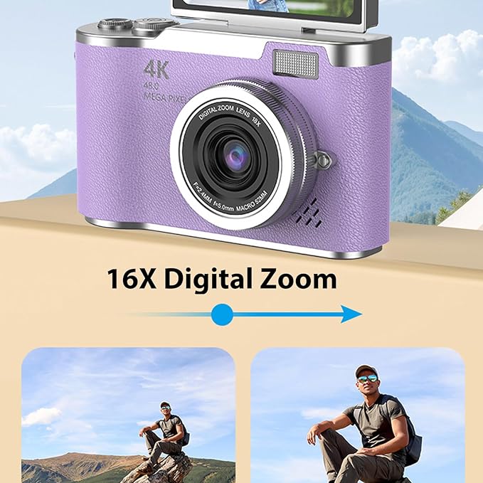 Denash Foldable Screen Kids and Beginners Camera,4K Digital Camera for Photography,48MP Digital Foldable Support 16X Zoom with Flip Scree (Purple)