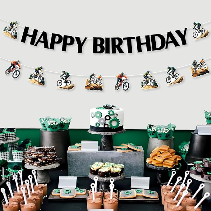 JOYMEMO Mountain Bike Birthday Banners, BMX Bicycle Birthday Decorations for Teens Adults, Sports Racing Bikes Theme Party Supplies Pre-strung