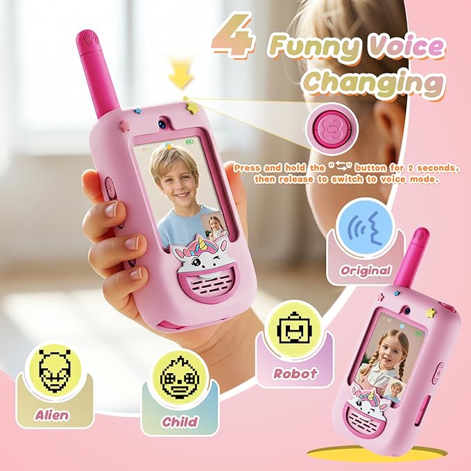 Kids Video Walkie Talkies, 2 Pack Walkie Talkies with Screen, Two Way Radio with 4 Voice Effects, Rechargeable Long Range Toys for Boys Girls Age 3-12, Camping Hiking Birthday Gift