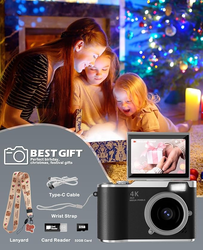 Kids Camera,4K Digital Camera for Photography,48MP 1080P HD Video Selfie Camera,with 180° Flip Screen Flash,with 32GB SD Card,for Starter Kid Children Teen Student Girl Boy(Black)
