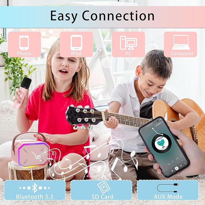 Karaoke Machine for Kids, Portable Bluetooth Speakers with Wireless Microphone Karaoke for Kids and Adults with LED Lights, Gifts for Girls and Boys Birthday Home Party - Pink