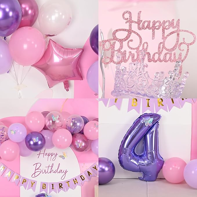 4th Pink Purple Birthday Decorations,Pink Purple 4th Birthday Balloons for Girls Lavender Party Decor Banner Number 4 Balloons Cake Topper Butterfly Party Decorations for 4 Year Old Girls