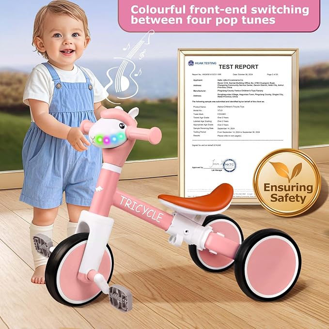 Toddler Balance Bike with Light & Music, Tricycle for Toddlers 1-5 Year Olds, Toddler Tricycle for Boys Girls, Kids Bicycle with Removable Pedal, Birthday Gifts for 1 2 3 4 5 Year