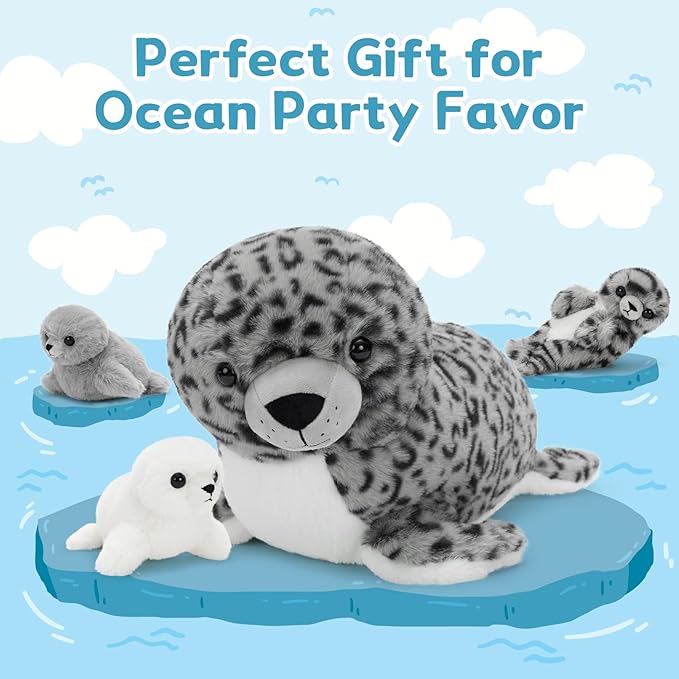 4 Pcs Seal Stuffed Animal Set, 20" Mother Plush Toy with 3 Babies in Mom's Belly, Cute Leopard Stuffed Seal Plushie for Girls Boys Kids
