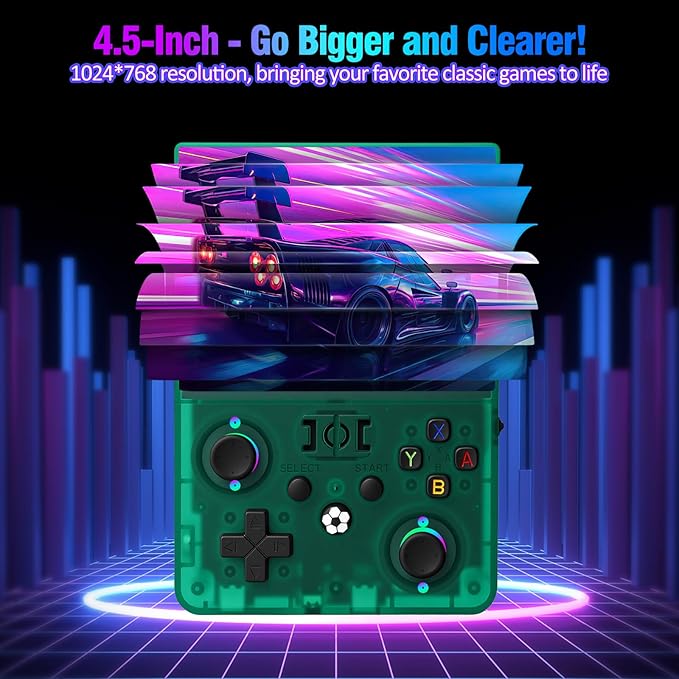 R36MAX 2 Retro Handheld Game Console, 4.5" IPS HD Screen 1024*768 Retro Gaming Console with Detachable Joystick, 20,000+ Classic Games, 30+ Emulators, Pocket Hand Held Video Games (Transparent Green)