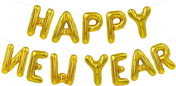 TONIFUL Gold Happy New Year Balloons 16 Inches Mylar Foil Letter Sign Banner balloon For 2025 New Years Eve Party Anniversary Decor Home Party Decorations