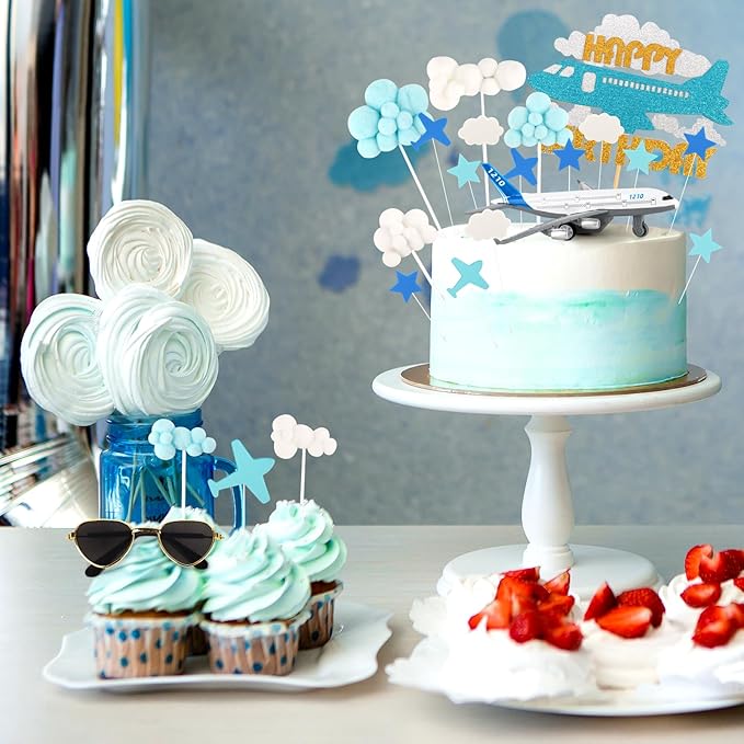 Hooqict 25 Pieces Airplane Cake Topper Decorations with Mini Sunglasses Blue White Cloud Happy Birthday Cake Toppers & Cupcake Toppers for Airplane Themed Party Decorations Supplies