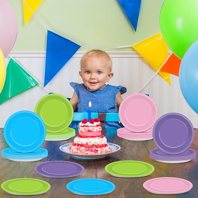 48PCS Monster Birthday Party Paper Plates for Monster Themed Party Supplies 7”Pink Purple Blue Green Cartoon Disposable Dessert Cake Plates for Kids Boys Girls Birthday Decorations