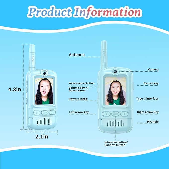 Video Walkie Talkies for Kids Rechargeable Walkie Talkies Long Range with Emoji Chat and Photo Functions Multifunctional Indoor Outdoor Toys for Kids Christmas Birthday Gifts Blue
