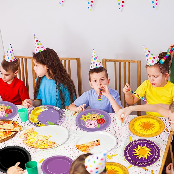 48Pcs Purple Sun Paper Plates Purple Princess Birthday Party Decorations 7 Inch Princess Sun Floral Pan Hair Dessert Plates Disposable Tableware Set for Baby Shower Wedding Party Supplies