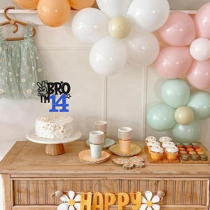 1 PCS Brother I'm 14 Cake Topper Glitter Star Happy 14th Birthday Cake Pick Bro I'm 14 Cake Decoration It's My 14th Birthday Decorations for Boys Cheers to 14 Years Old Birthday Party Supplies Blue