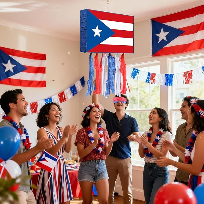 Puerto Rico Flag Piñata Red White and Blue Small Piñata Set with Bat and Blindfold for Puerto Rico Party Games National Day Patriotic Festival Supplies Holiday Decorations