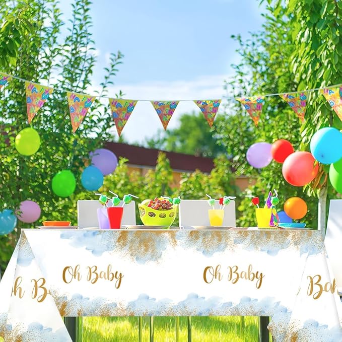 3 Pieces Blue Oh Baby Tablecloth for Baby Shower Decorations Blue Watercolor Cloud Baby Shower Table Cloths for Boy Plastic Disposable Table Covers Decorations 108 x 54 Inch