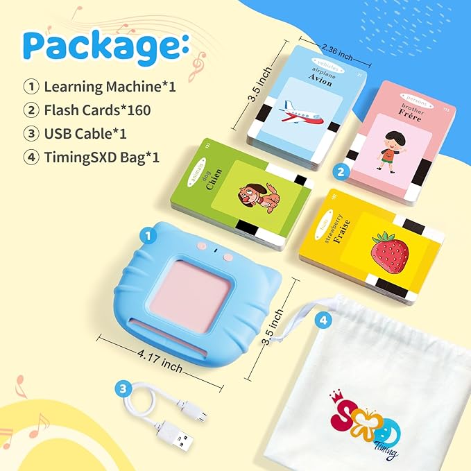 French & English Bilingual Flash Cards for Toddler/Beginning - Learning Educational Toy to Learn French/English,Talking Flash Cards for Ages 2 (Blue_French & English)