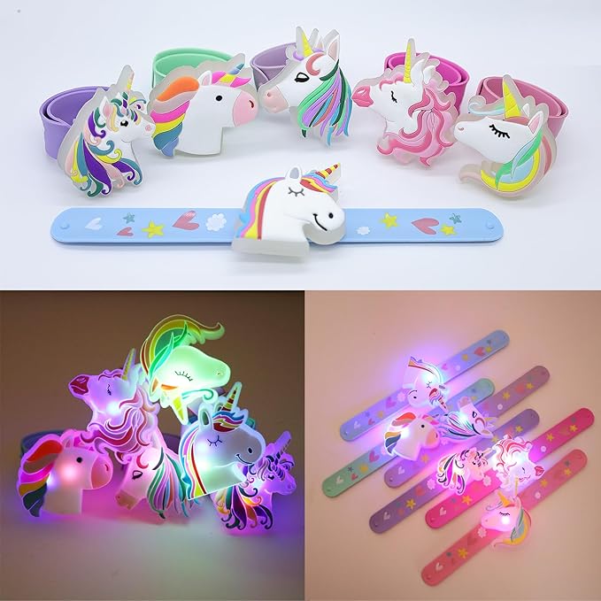 Light Up Slap Bracelets for Kids 6 Pack Party Favors for Girls Birthday, LED Unicorn Wristbands Bracelets for Goodie Bag Fillers & Party Supplies