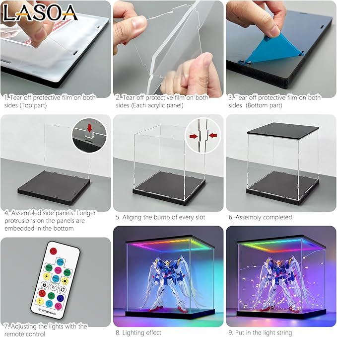 LASOA Acrylic Display Case with RGBW Color Changing LED Light, Clear Display Box for Action Figures and Collectibles, Self-Assembly Dustproof Showcase with Black Base, 11.8x11.8x11.8inch