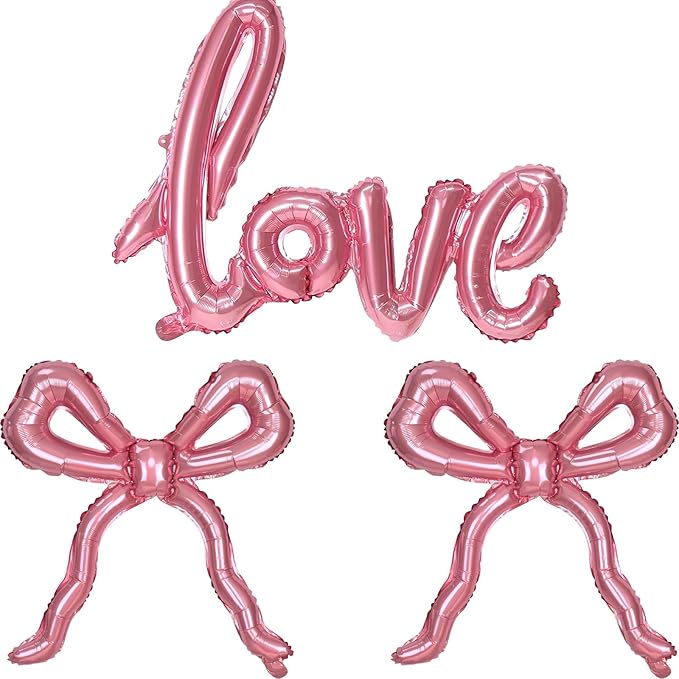 Pink Love Bow Balloons Set, 42 Inch Giant Foil Love Letter Balloon 22 Inch Bow Mylar Balloons for Girls Women Pink Coquette Birthday Bridal Shower Bachelorette Wedding Engagement Valentines Decoration